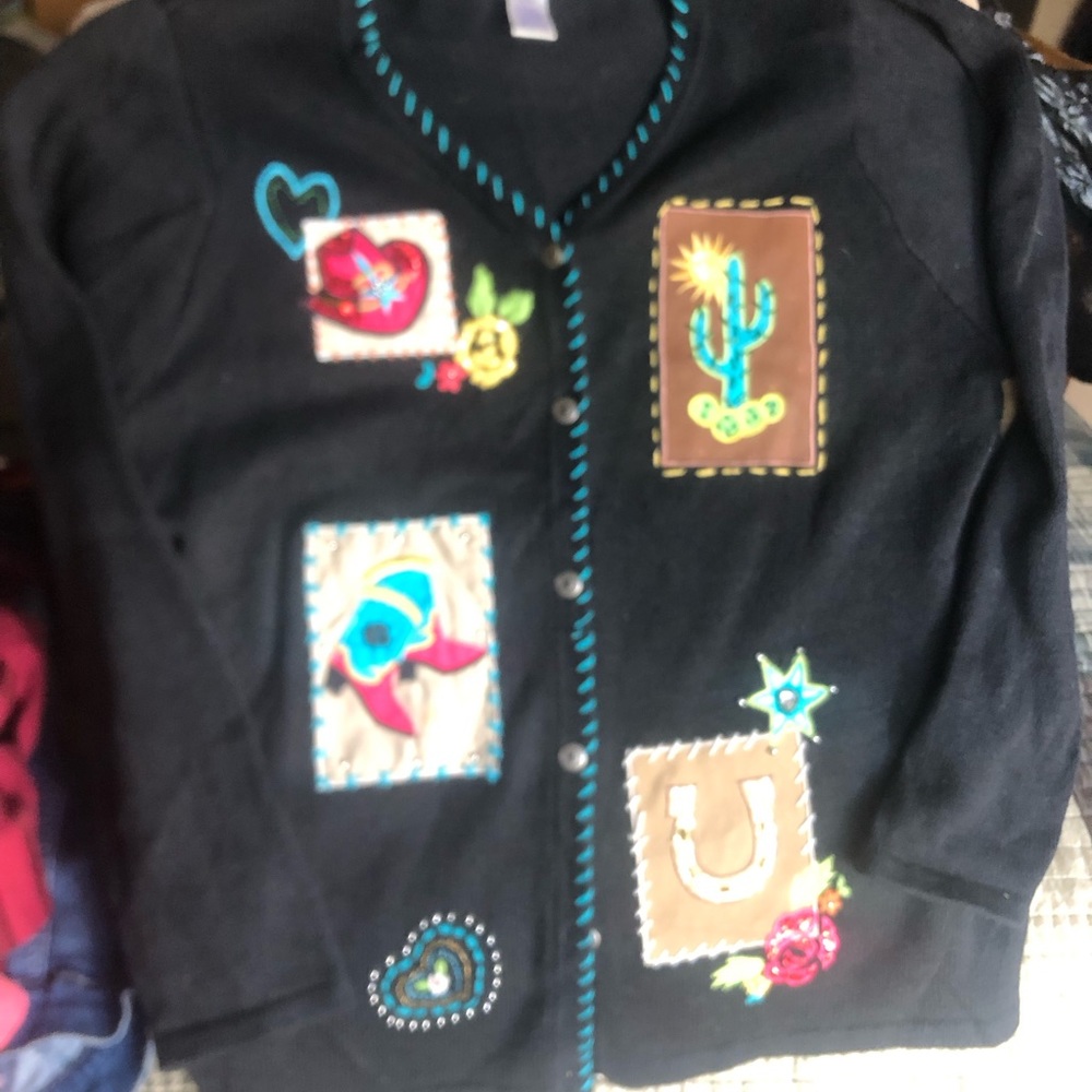 Susan Graver Black V-Neck Sweater with Colorful Embroidery - Picture 13 of 13